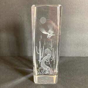 3D Laser Etched Crystal Block Paperweight Kokopelli With Flute Under Eagle Moon